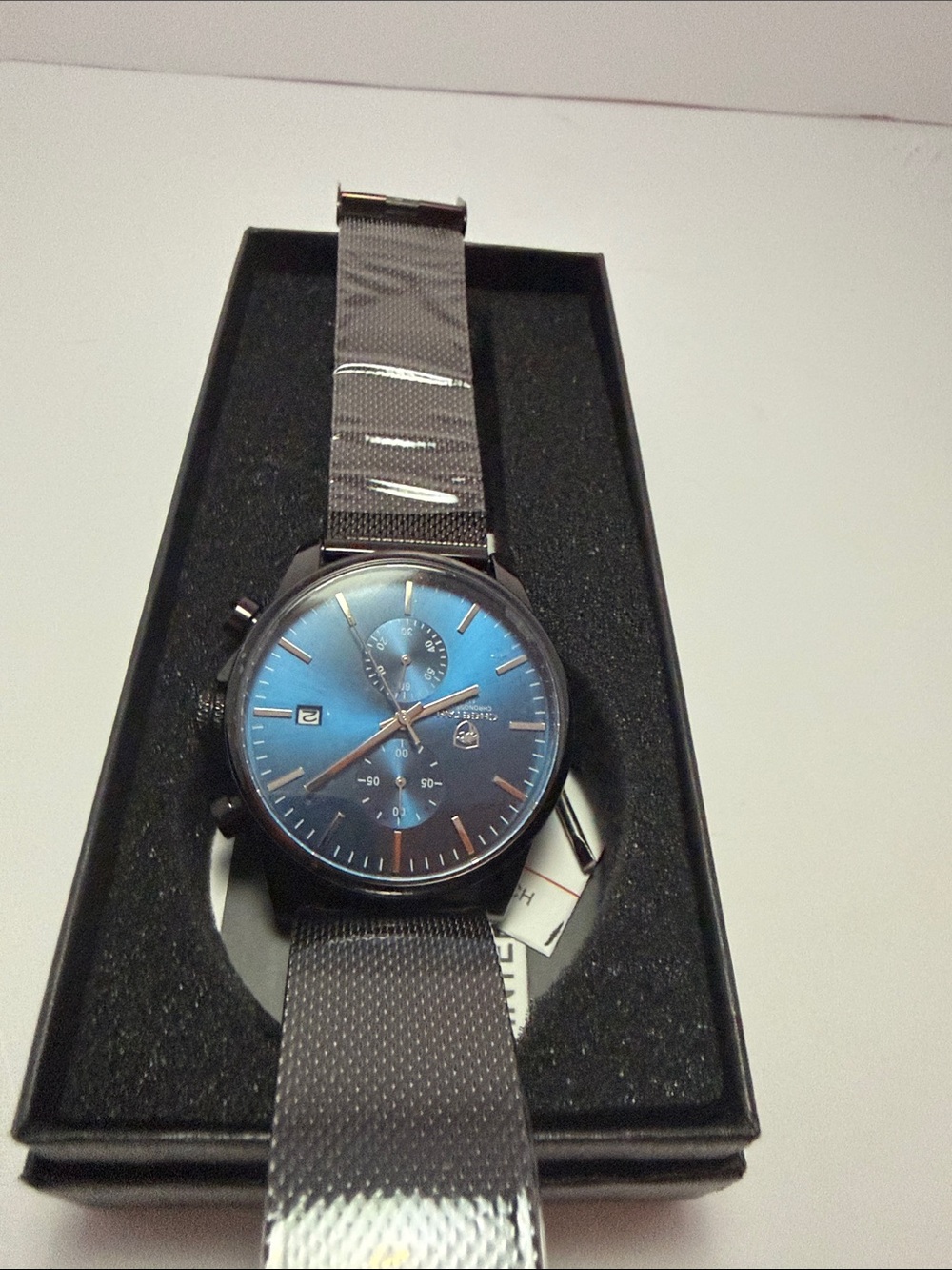 Men's Blue Dial Chronograph Watch with Gray Metal Mesh Strap